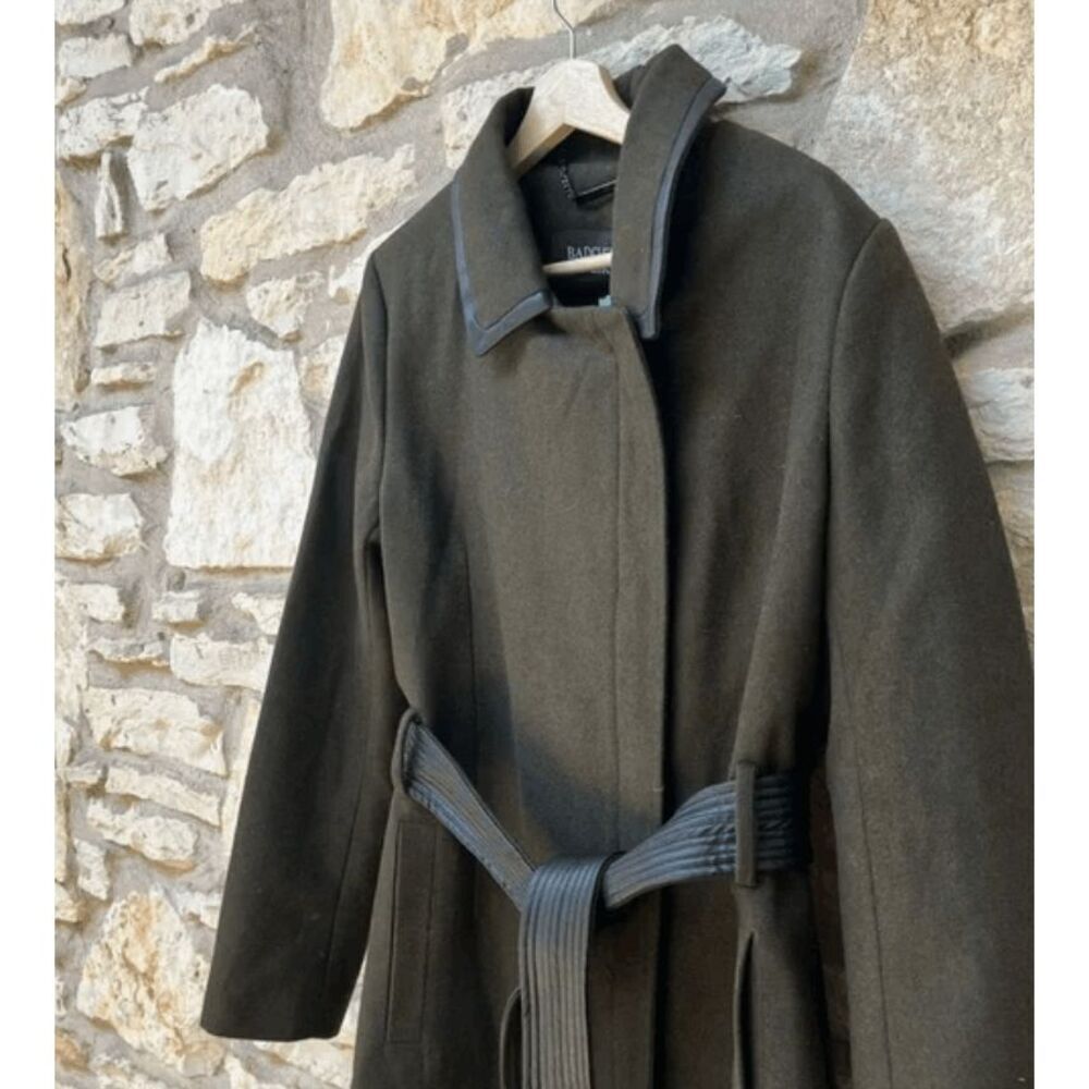 Badgley Mischka‎ Olive Green Belted Coat Collar Offset Zipper Pockets Size XL